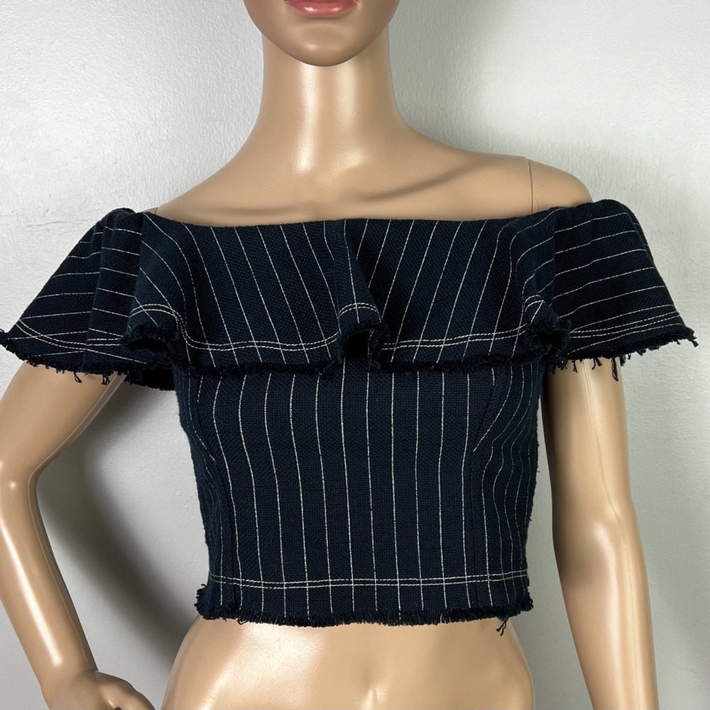 NEW T ALEXANDER WANG REVOLVE NAVY STRIPED OFF-THE-SHOULDER CROP TOP - Picture 2 of 7